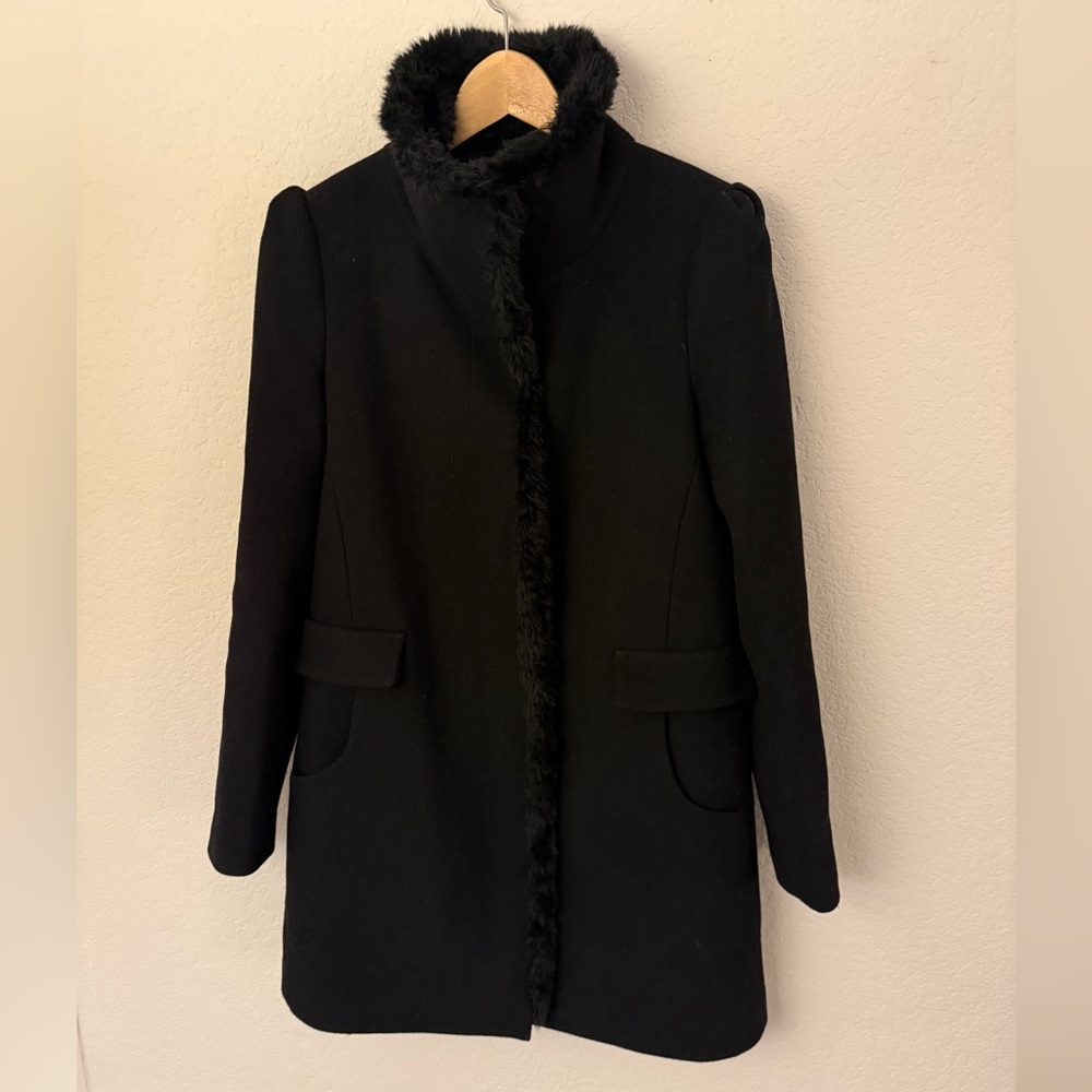Zara Black Faux Fur Collar Coat Medium - Picture 5 of 7